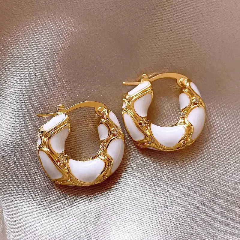 “New Vintage Enamel Hoop Earrings – Gold Plated, Small Statement Design for Women”