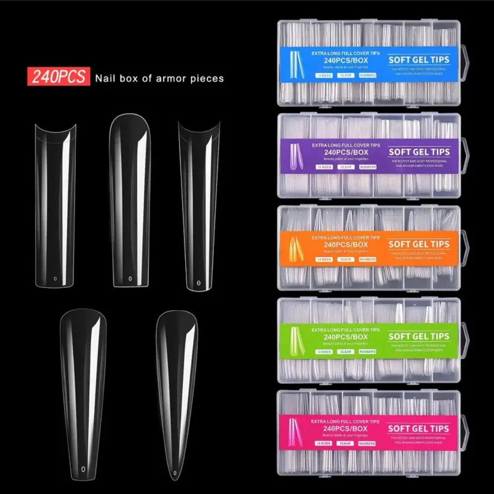 “240Pcs Clear Extra Long C Curve Nail Tips, Acrylic Gel DIY Professional Kit.”