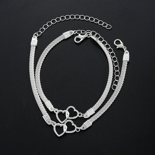 “2 Pcs Love Heart Couple Bracelets, Silver Double Layer Matching Chain Jewelry Gift.”