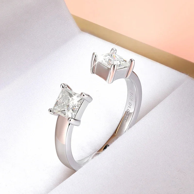 “1CTTW 4.5mm Princess-Cut Moissanite Ring, Adjustable Sterling Silver Wedding Band.”