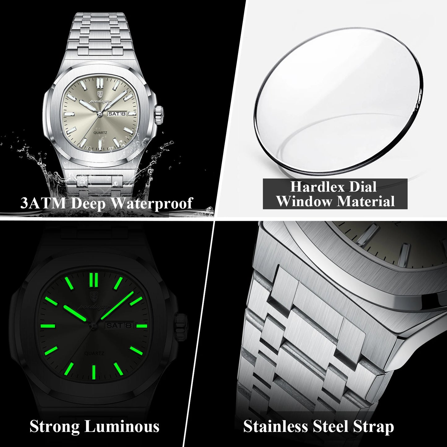 “Luxury military square men’s watch, waterproof, luminous date/week, stainless steel quartz.”