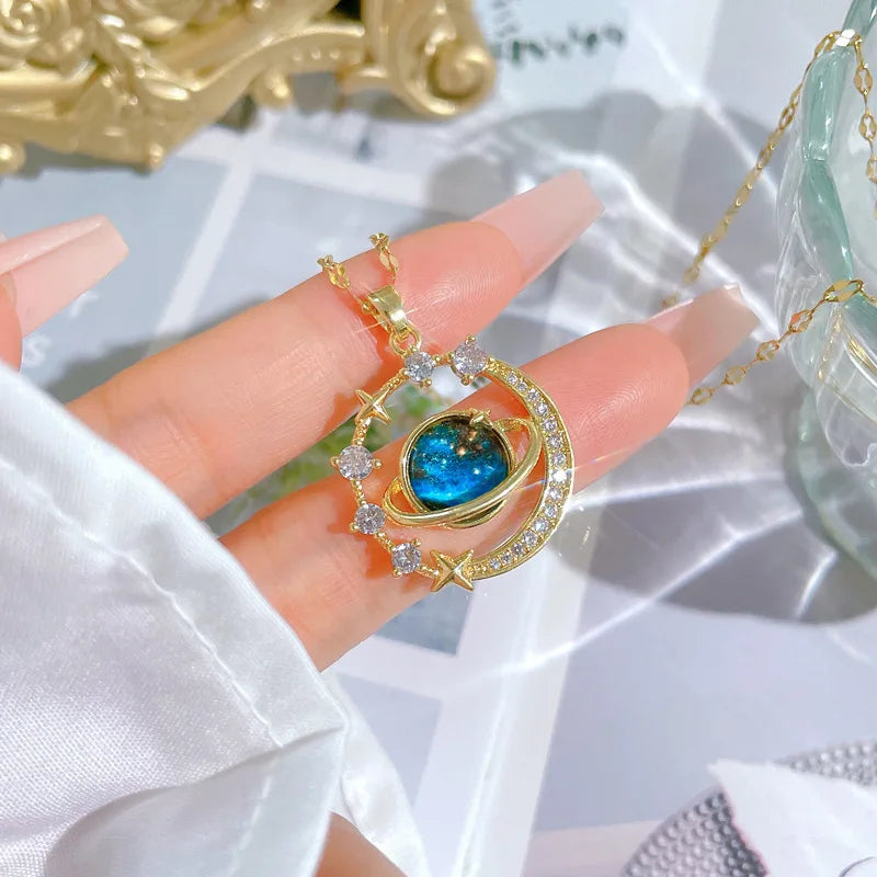 “Exquisite Starry Sky Planet Necklace – Luxurious Stainless Steel Clavicle Chain with Stars & Moon Design”