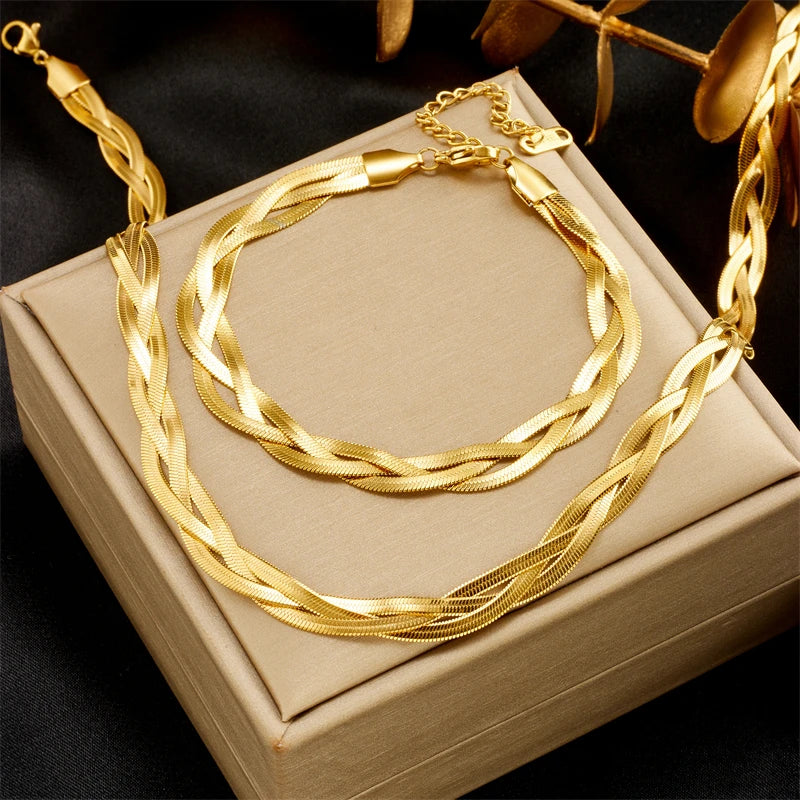“316L Stainless Steel 3-in-1 Snake Chain Necklace & Bracelet Set - Waterproof Jewelry.”