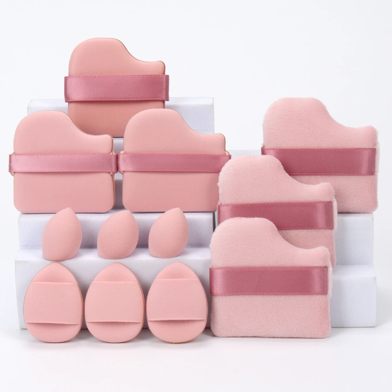 “12-piece makeup sponge set: powder puffs, air cushion puffs, and beauty eggs.”