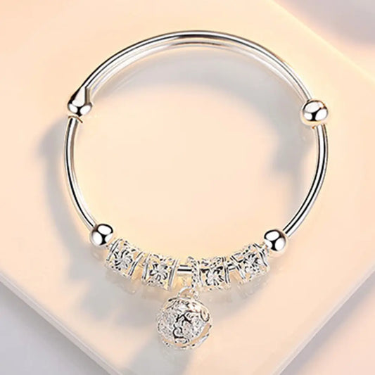 “Fine Silver Color Hollow Bell Ball Bangles, Adjustable Bracelets for Women, Fashion Jewelry.”
