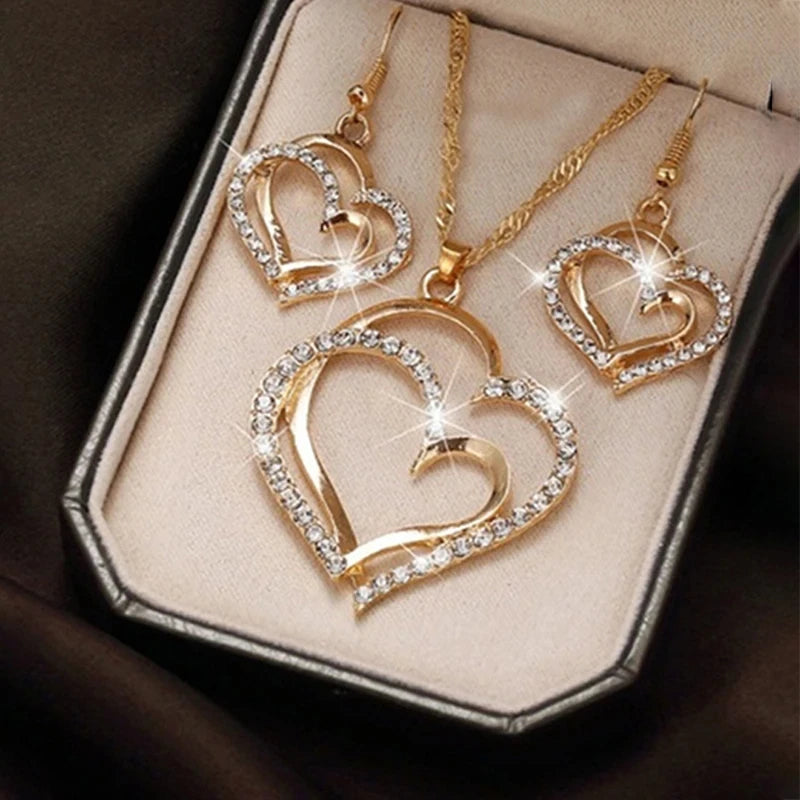 “3-Piece Heart-Shaped Jewelry Set - Earrings, Pendant, Necklace with Rhinestones.”