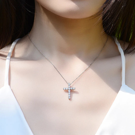 “Moissanite cross pendant necklace, 925 sterling silver, 18k white gold plated.”