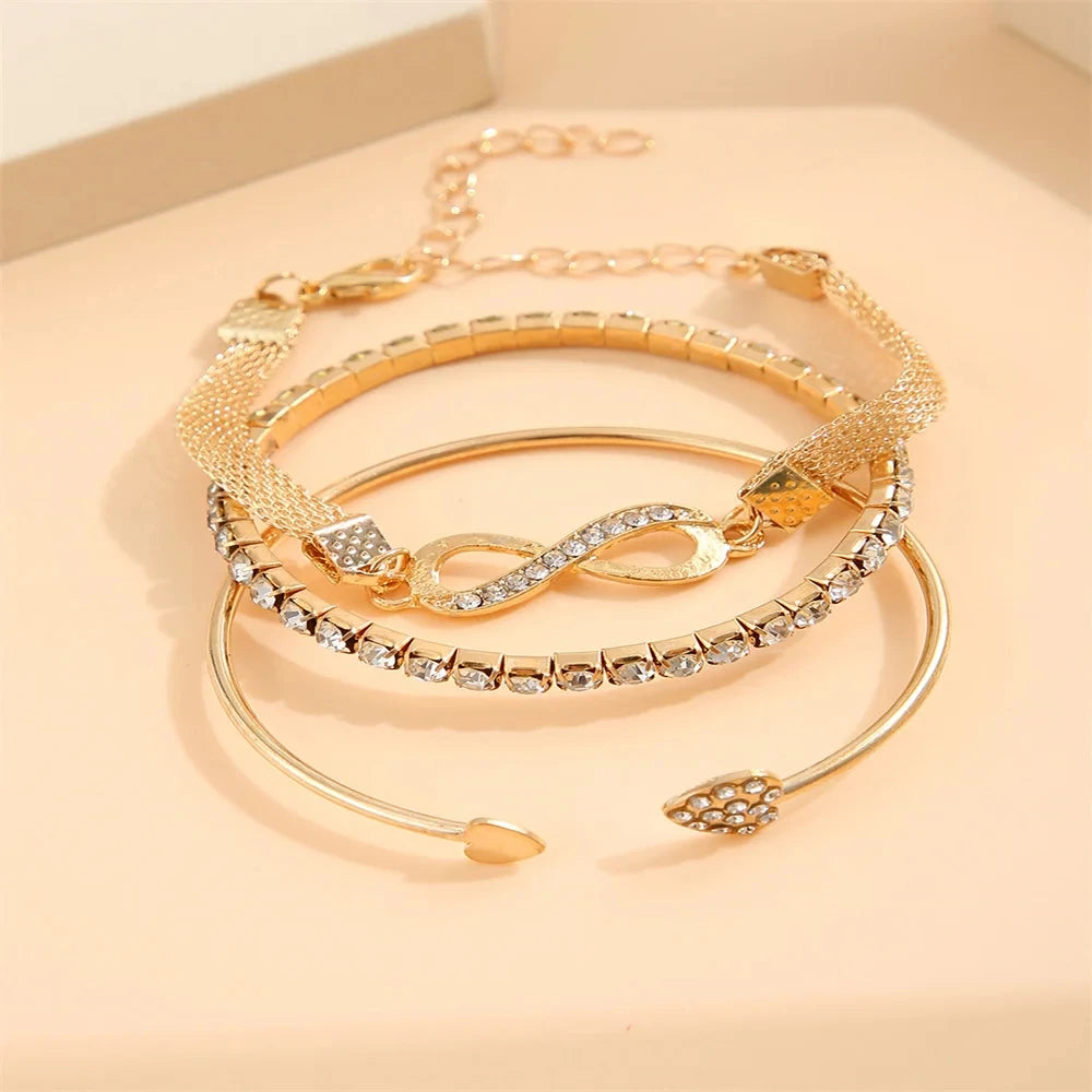 “Vintage Silver Crystal Heart Bracelet Set – Geometric Adjustable Infinity Cuff for Women”