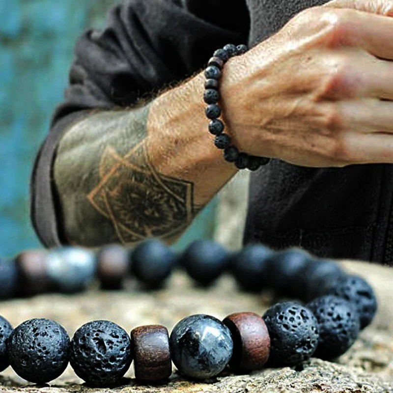 “Volcanic Stone Lava & Wooden Beads Bracelet - Tibetan Buddha Wrist Chain for Men & Women.”