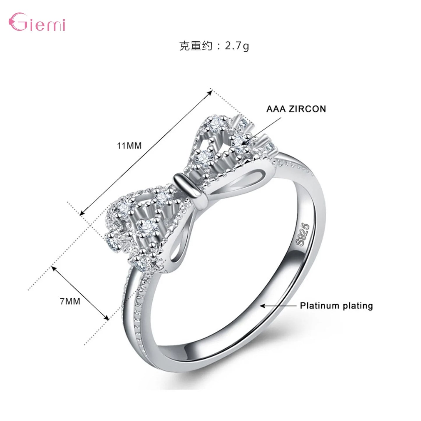 “925 Sterling Silver Bowknot Ring with Cubic Zirconia, Trendy Wedding Jewelry.”