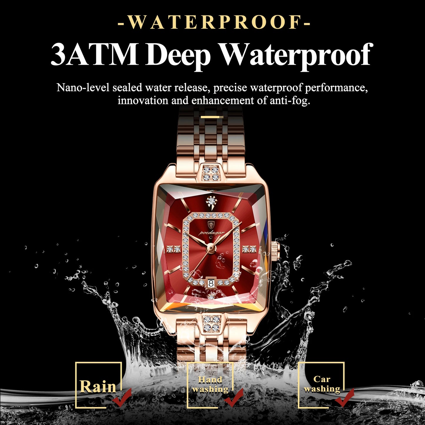 “Elegant waterproof women’s wristwatch, stainless steel, quartz, date display, stylish rectangle design.”