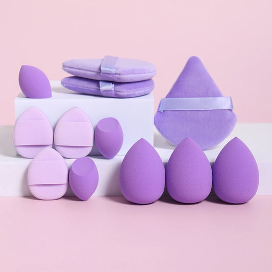 “12-piece makeup sponge set: powder puffs, air cushion puffs, and beauty eggs.” - Dazzory