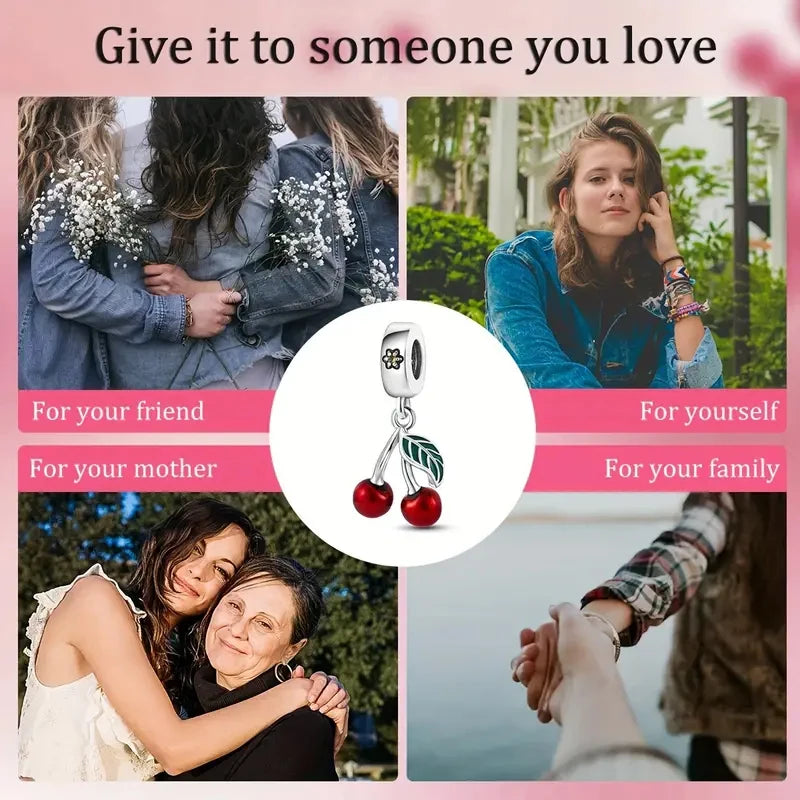 “Red enamel cherry charm beads for bracelet, necklace, keychain, DIY jewelry gift.”