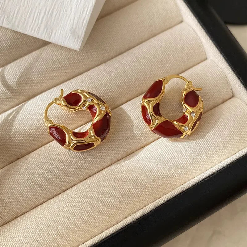 “New Vintage Enamel Hoop Earrings – Gold Plated, Small Statement Design for Women”