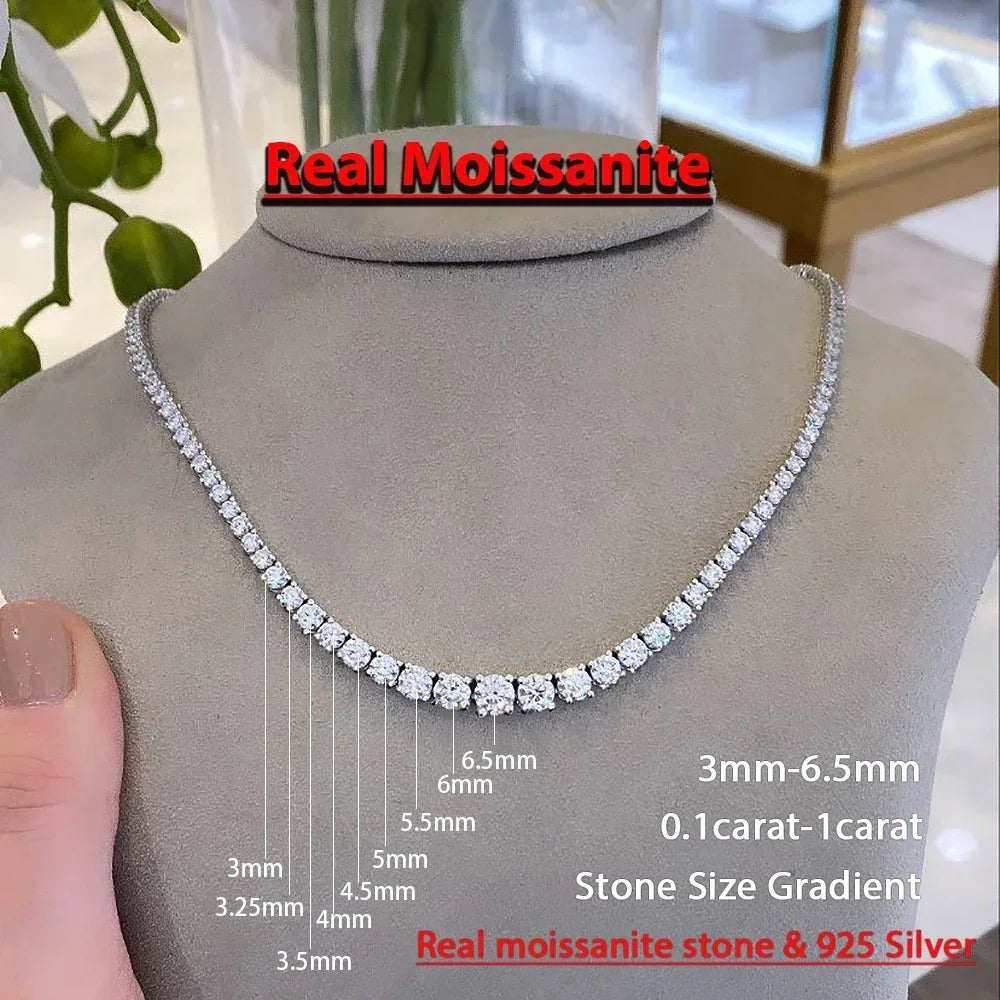 “Moissanite tennis necklace, 3-5mm gradient stones, 925 silver, certified luxury design.”