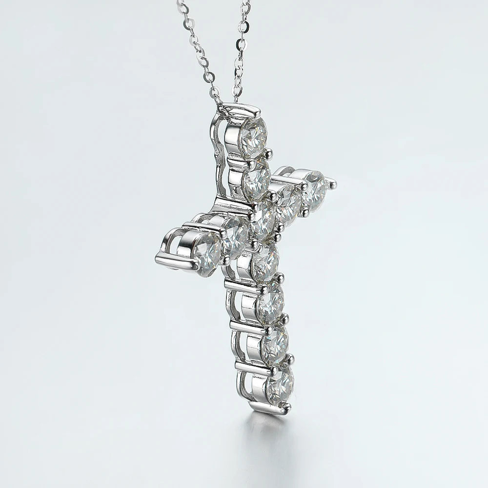 “Moissanite cross pendant necklace, 925 sterling silver, 18k white gold plated.”