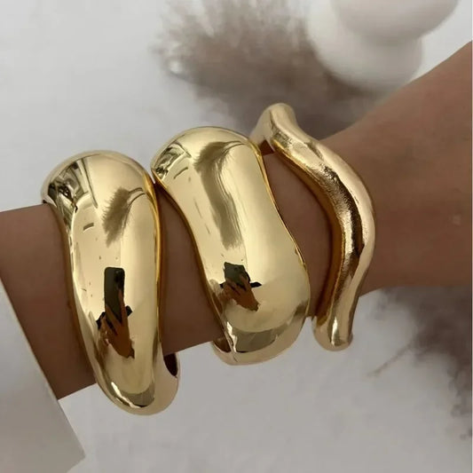 “Wide Cuff Bangles – Punk Gold & Silver Geometric Metal, Large Bracelets for Women ” - Dazzory
