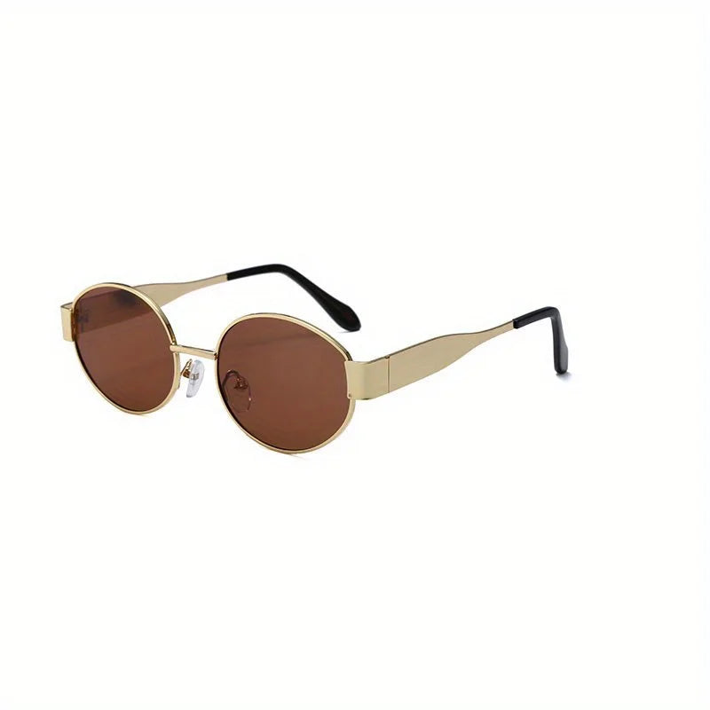 “Oval sunglasses with metal frame, trendy unisex design, classic shades.”