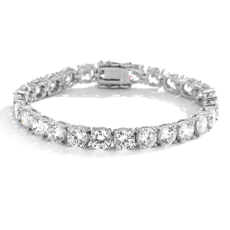 “Moissanite Tennis Bracelet, Sterling Silver, White Gold Plated, Sparkling Party Jewelry.”