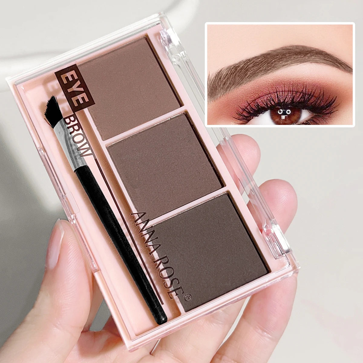 “Three-color waterproof eyebrow powder, natural, long-lasting, sweat-proof, 3D eyebrow shaping.”