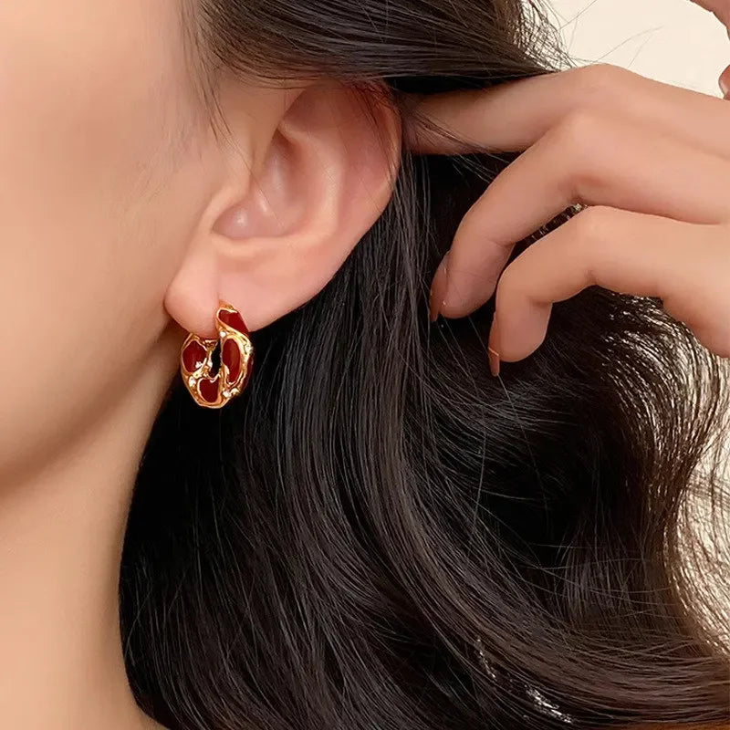 “New Vintage Enamel Hoop Earrings – Gold Plated, Small Statement Design for Women”