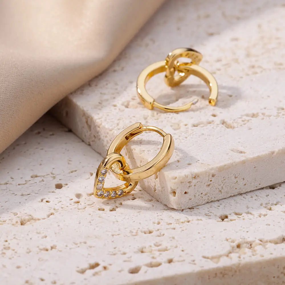 “Hollow zircon heart earrings, gold color stainless steel, luxury wedding gift .”