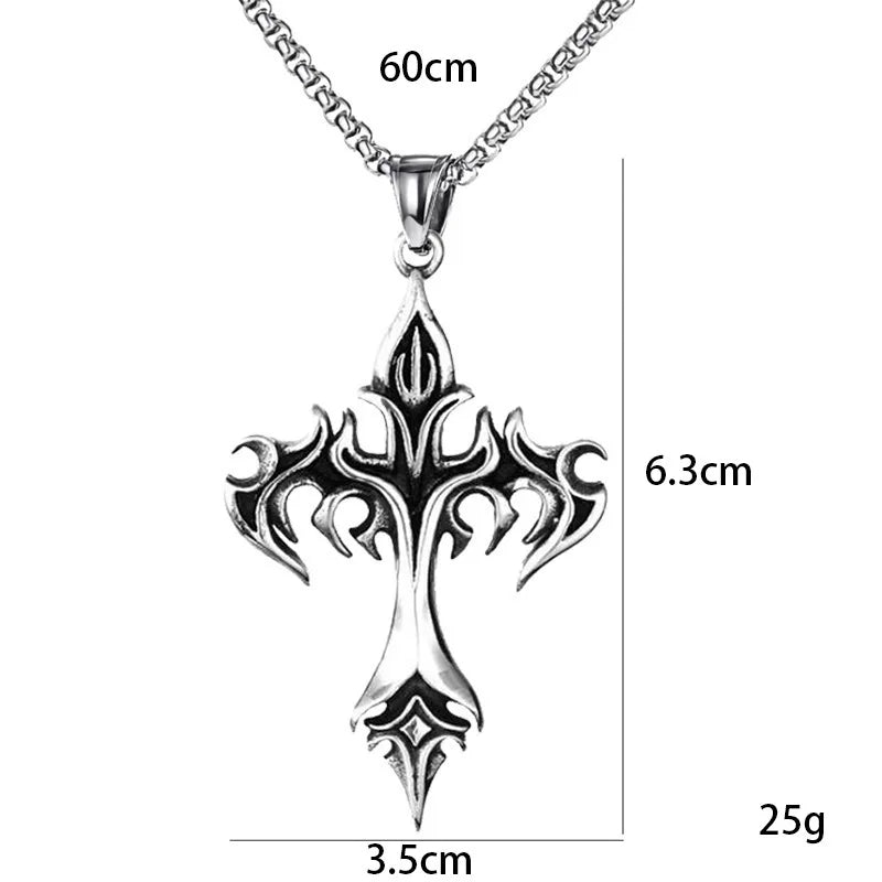 “Hip Hop Stainless Steel Flame Cross Pendant Necklace - Goth Jewelry for Men & Women.”