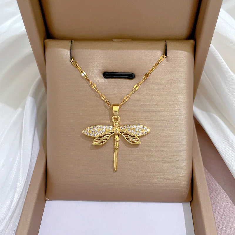 “316L stainless steel dragonfly pendant necklace, stylish, perfect gift for women.”