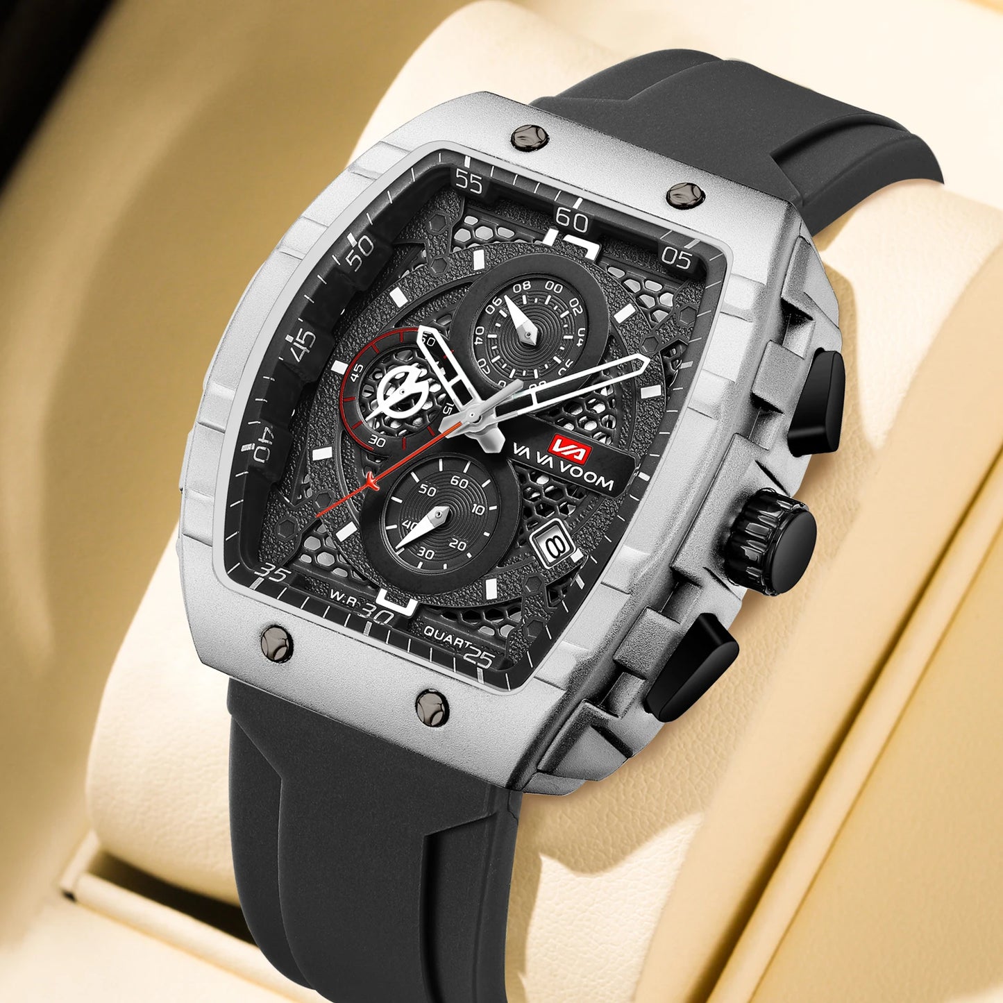“Men’s multifunctional watch with quartz movement, blue dial, silicone strap, casual fashion.”