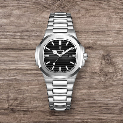 “Luxury waterproof square women’s watch with luminous date, stainless steel, quartz movement.”