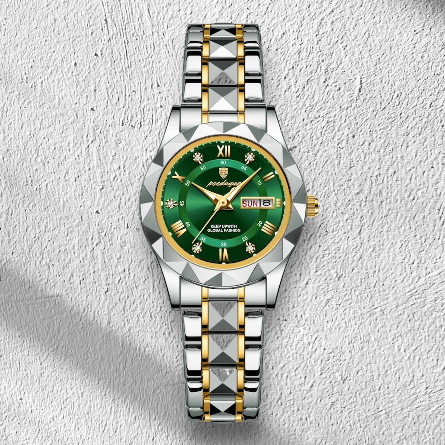 “Elegant waterproof women’s watch with luminous, week, date, stainless steel.”
