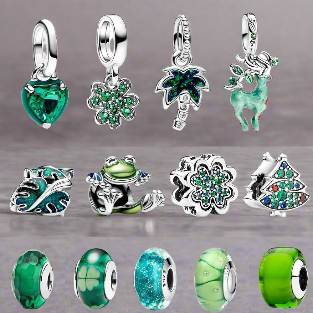 “925 Sterling Silver Green Monstera Leaves & Frog Dangle Charm - Fits Necklace & Bracelet.”