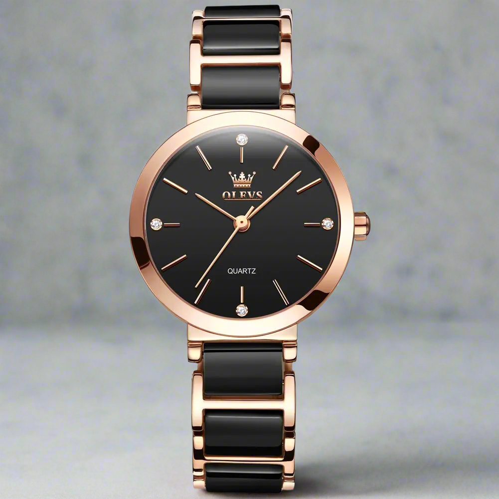 “Women’s Luxury Rose Gold Quartz Watch with Ceramic Strap Elegant Fashion Timepiece.”