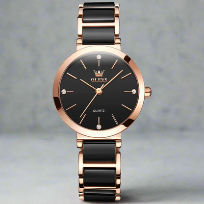 “Women’s Luxury Rose Gold Quartz Watch with Ceramic Strap Elegant Fashion Timepiece.”