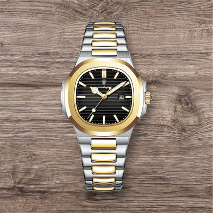 “Luxury waterproof square women’s watch with luminous date, stainless steel, quartz movement.”