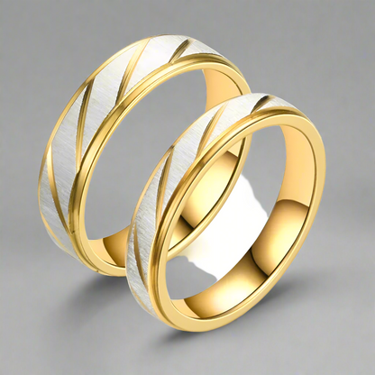 “Fashion gold striped couple rings, 6mm & 4mm stainless steel, contrast color, perfect Valentine’s gifts.”