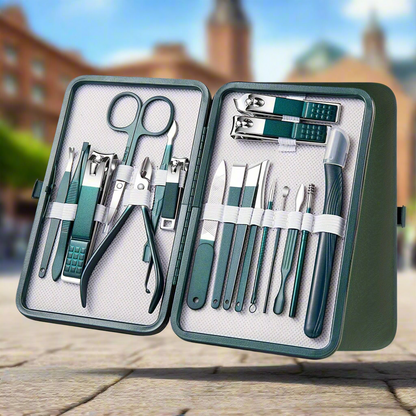 “Professional nail care kit: 7-18 pieces, stainless steel with travel case.”