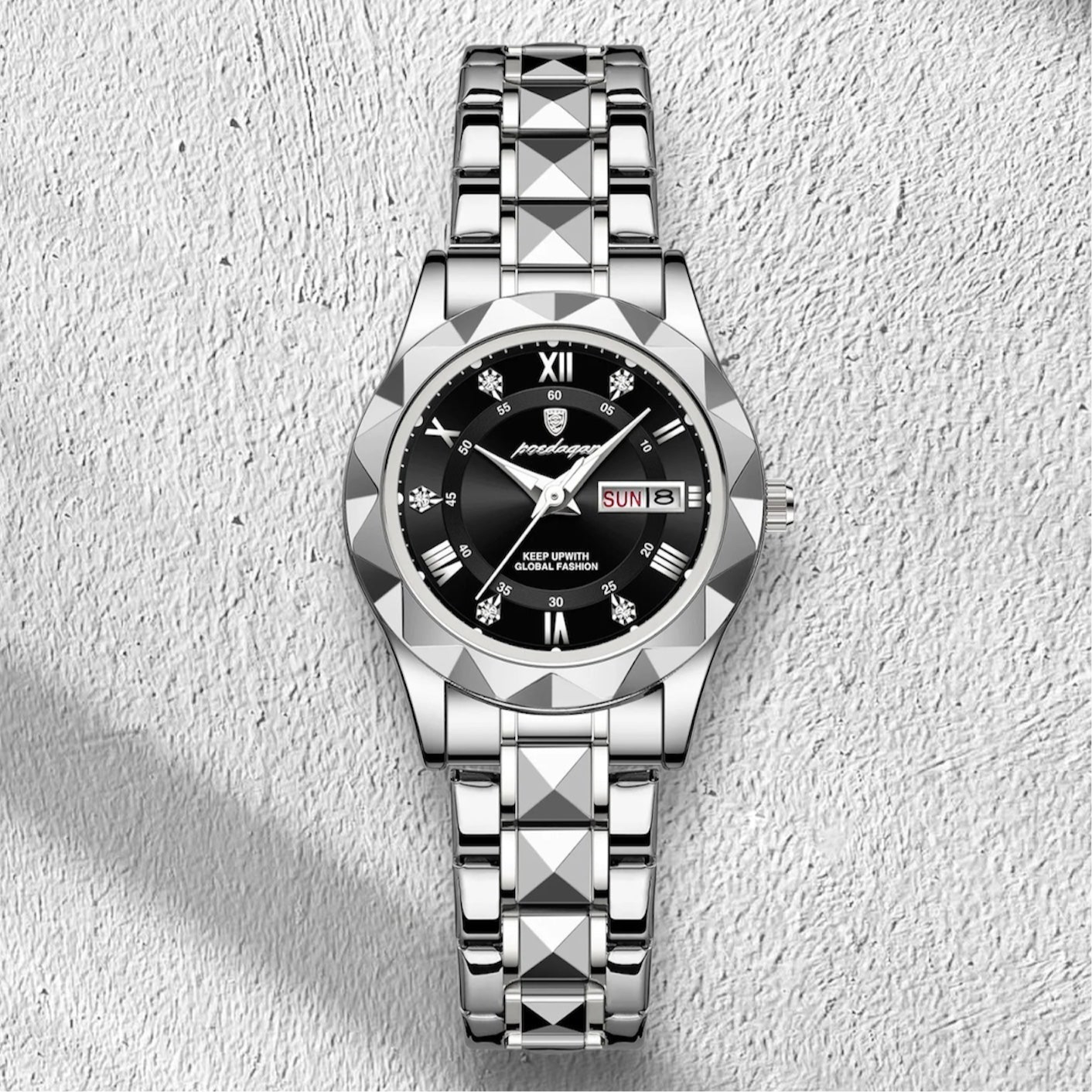“Elegant waterproof women’s watch with luminous, week, date, stainless steel.”