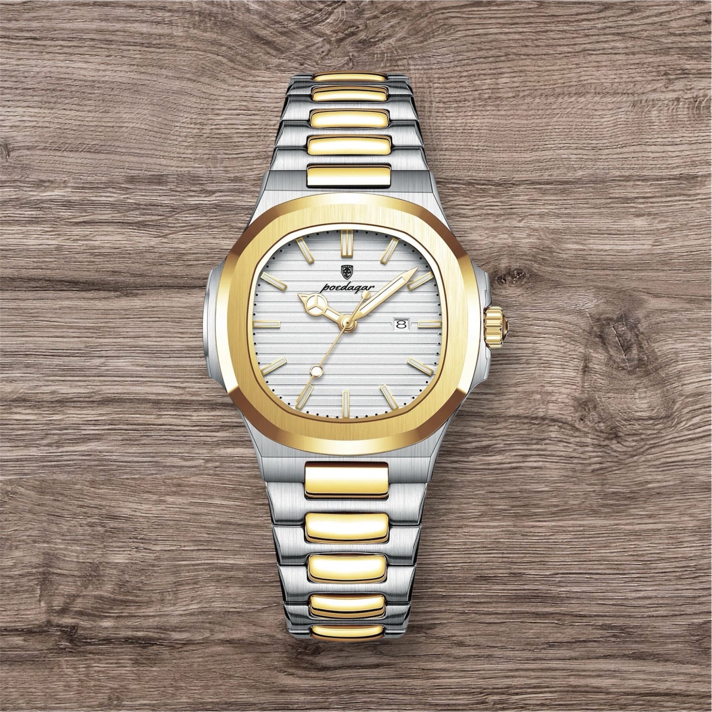 “Luxury waterproof square women’s watch with luminous date, stainless steel, quartz movement.”