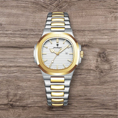 “Luxury waterproof square women’s watch with luminous date, stainless steel, quartz movement.”