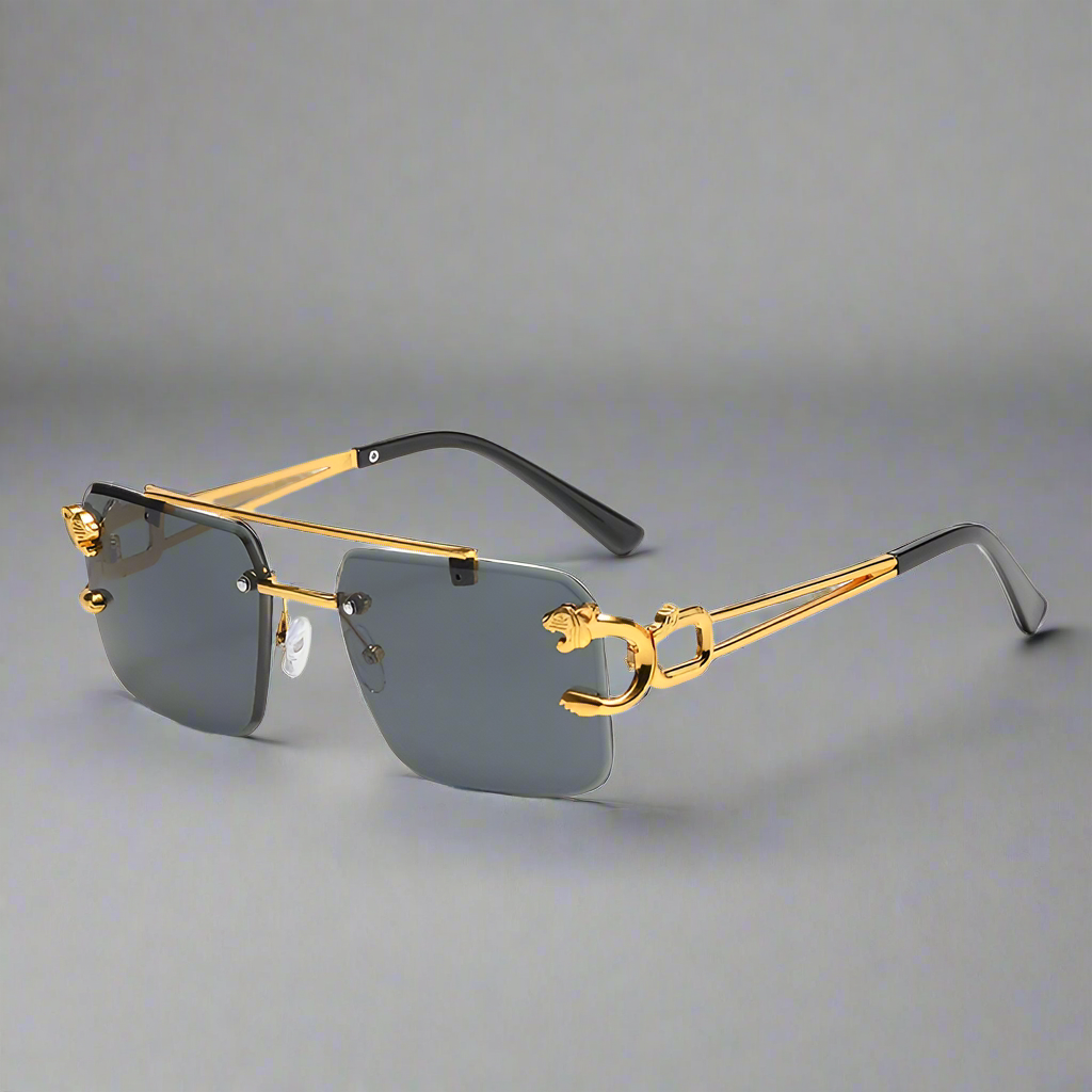 “Rimless square sunglasses with double bridge, vintage unisex fashion style.”