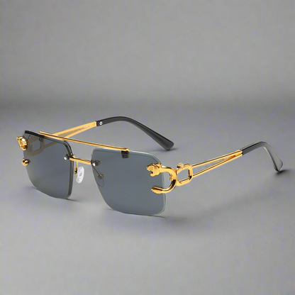“Rimless square sunglasses with double bridge, vintage unisex fashion style.”