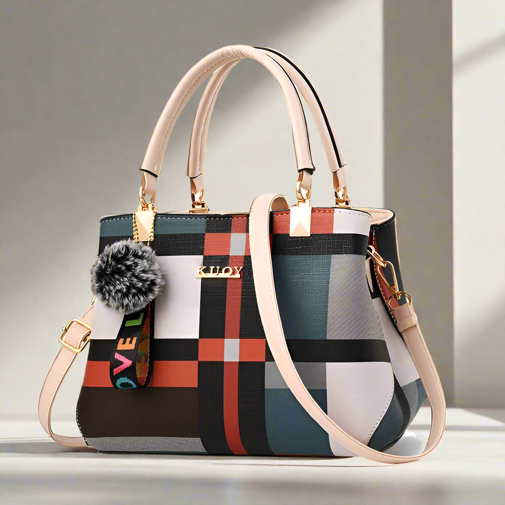 “Luxury women’s plaid handbag, stitching design, shoulder messenger tote, stylish and versatile.”