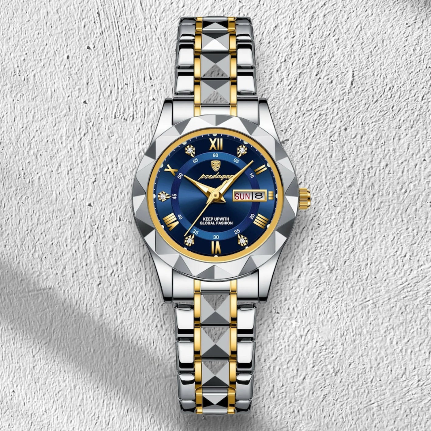 “Elegant waterproof women’s watch with luminous, week, date, stainless steel.”