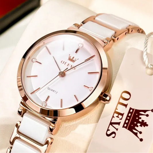 “Women’s Luxury Rose Gold Quartz Watch with Ceramic Strap Elegant Fashion Timepiece.”