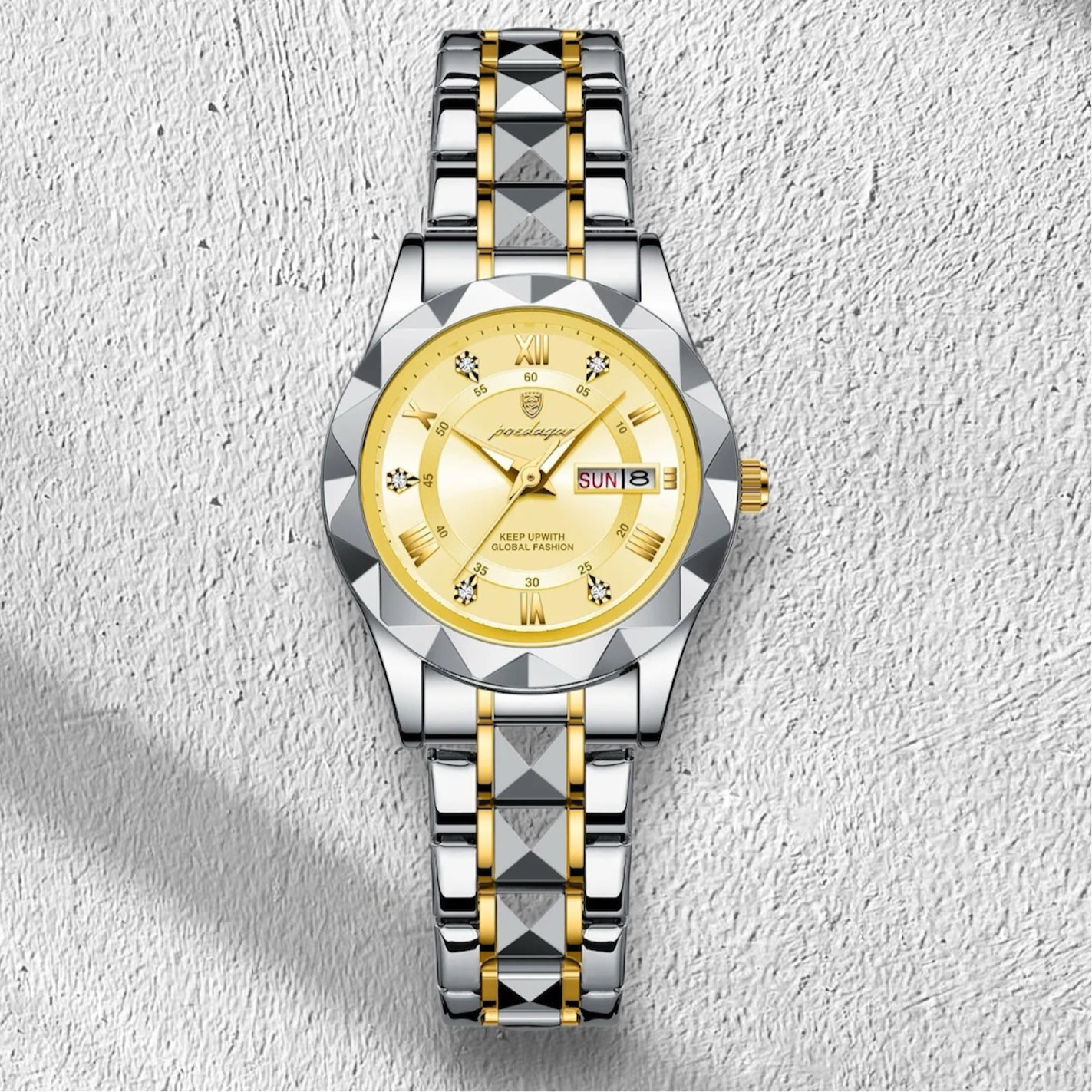 “Elegant waterproof women’s watch with luminous, week, date, stainless steel.”