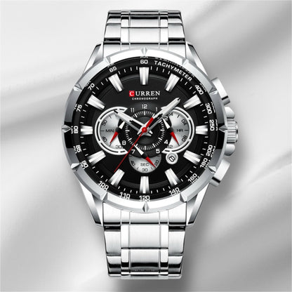 “Casual sport men’s stainless steel watch with big dial, quartz movement, and luminous hands.”