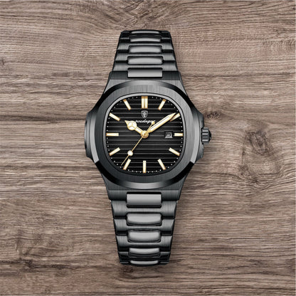 “Luxury waterproof square women’s watch with luminous date, stainless steel, quartz movement.”