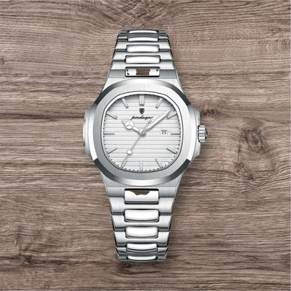“Luxury waterproof square women’s watch with luminous date, stainless steel, quartz movement.”