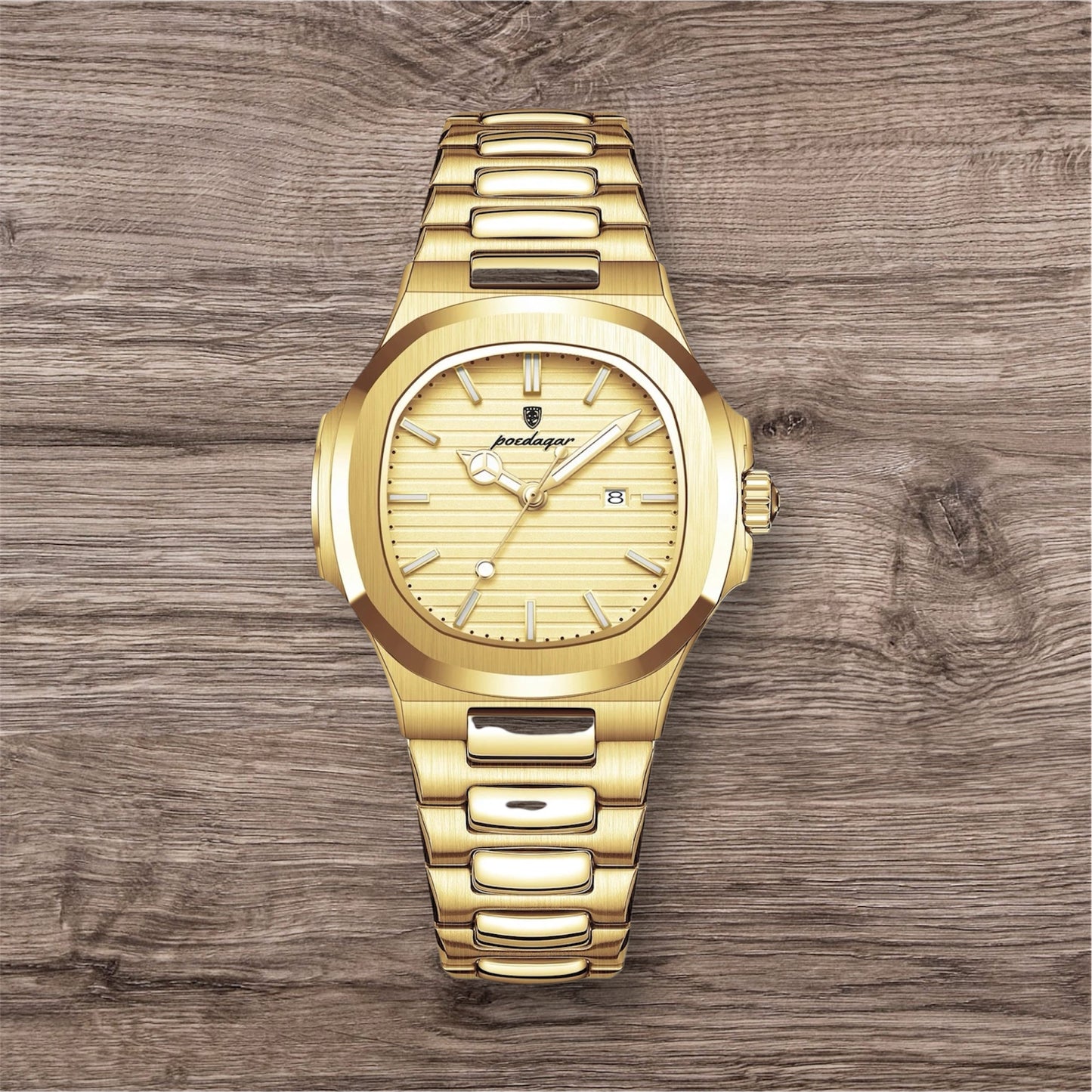 “Luxury waterproof square women’s watch with luminous date, stainless steel, quartz movement.”